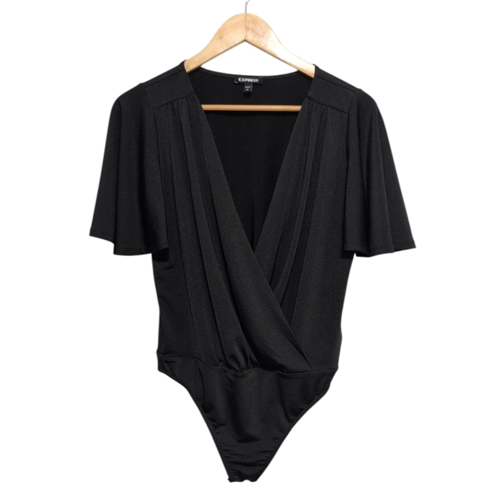 EXPRESS Satin Black Flutter Sleeve Wrap Front Bodysuit Women's Size Small - Picture 1 of 13